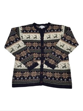 Croft and Barrow~Women VTG 90s Reindeer Fair Isles Cardigan~100% Wool~Nordic~MED